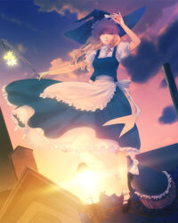  bad_id bad_pixiv_id blonde_hair braid broom cloud female hand_on_headwear hand_up hat holding holding_broom kirisame_marisa lamp lamppost looking_down sky solo star_(symbol) sunset touhou yellow_eyes yoshimune_(b12f) 