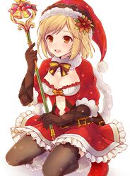  alternate_costume black_thighhighs blonde_hair breasts brown_gloves christmas cleavage commentary_request djeeta_(granblue_fantasy) dress female gloves granblue_fantasy hairband hat isao_(wasamoti) kneeling lace lace-trimmed_gloves lace_trim medium_breasts open_mouth orange_eyes pom_pom_(clothes) red_dress santa_costume santa_hat short_dress short_hair simple_background smile solo thighhighs white_background 