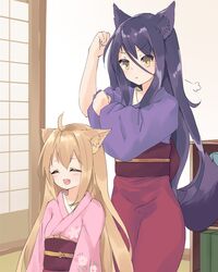  2girls :d ahoge animal_ears blush closed_eyes closed_mouth commentary_request floral_print fox_ears fox_girl fox_tail hair_between_eyes hamaru_(s5625t) indoors japanese_clothes kimono konohana_kitan light_brown_hair long_hair long_sleeves multiple_girls obi oerba_yun_fang open_mouth pink_kimono print_kimono purple_hair purple_kimono red_skirt sash satsuki_(konohana_kitan) sitting skirt sleeves_pushed_up sliding_doors smile standing tail very_long_hair wide_sleeves yellow_eyes yuzu_(konohana_kitan) 