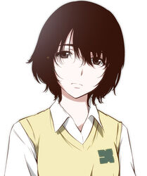  black_eyes black_hair commentary_request female frown head_tilt highres looking_at_viewer mishima_lisa photoshop_(medium) pre3445 school_uniform solo sweater_vest zankyou_no_terror 