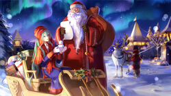  2boys achyue aqua_hair aurora beard box christmas commentary facial_hair female finland gift gift_box glasses hatsune_miku holly house lens_flare long_hair md5_mismatch mittens multiple_boys night night_sky paper photoshop_(medium) reindeer resolution_mismatch sack sami_clothes santa_claus shawl sky sleigh snow snowing source_smaller star_(sky) tree vocaloid white_hair 