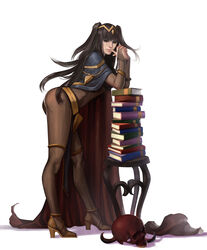  ass bent_over black_hair bodysuit book breasts cape derivative_work female fire_emblem fire_emblem_awakening highres jewelry large_breasts legs long_hair noa_ikeda photoshop_(medium) skull smile solo stool tharja_(fire_emblem) 