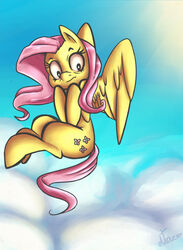  2015 atane27 digital_media_(artwork) equid equine feathered_wings feathers female feral fluttershy_(mlp) friendship_is_magic hasbro mammal my_little_pony mythological_creature mythological_equine mythology pegasus shaded sky solo wings yellow_body yellow_feathers 