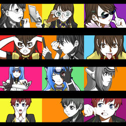  :o :p android applying_lipstick blue_eyes blue_hair brown_eyes brown_hair earring gaignun_kukai_jr. glasses green_eyes headdress itsumi_miyuki kos-mos monochrome red_eyes red_hair short_hair side_braid single_braid sunglasses uzuki_shion very_long_hair wink xenosaga xenosaga_episode_iii 