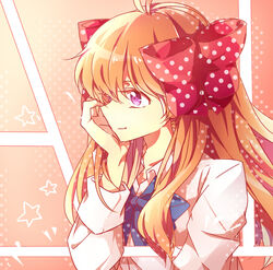  bow commentary_request female gekkan_shoujo_nozaki-kun hairbow highres long_hair nishigyou_teraa orange_hair polka_dot polka_dot_bow purple_eyes ribbon rouman_academy_school_uniform sakura_chiyo school_uniform smile solo 