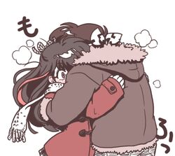  1boy back black_hair blush brown_hair coat commentary_request couple embarrassed female full-face_blush fur_trim hair_ribbon half_updo headband hibiki_ryouga hood hood_down hooded_jacket hug jacket long_hair long_sleeves multicolored_hair pants plaid plaid_skirt ranma_1/2 red_hair ribbon scarf skirt smoke straight unryuu_akari wanta_(futoshi) white_background winter_clothes 