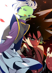  2boys black_hair dragon_ball dragon_ball_super dragon_ball_z earrings gokuu_black gray_eyes green_skin grin jewelry looking_at_viewer male_focus mohawk multiple_boys rose_petals source_request white_hair zamasu 