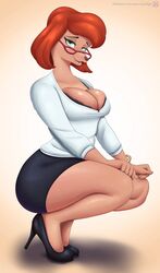  anthro big_breasts bottomwear breasts canid canine canis cleavage clothed clothing conditional_dnp crouching disney domestic_dog eyewear female footwear glasses goof_troop hi_res high_heels mammal mature_female nexcoyotlgt skirt solo sylvia_marpole text url 