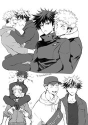  2boys :d anger_vein baseball_cap blush buttons carrying closed_eyes closed_mouth commentary_request facial_mark full-face_blush fushiguro_megumi gakuran greyscale hat high_collar hood hood_down hoodie hug itadori_yuuji jacket jujutsu_kaisen long_sleeves looking_at_another male_focus monochrome multiple_boys pants school_uniform shoes short_hair shoulder_carry smile spiked_hair twitter_username undercut yaoi youjo_(kurukuru9696) 