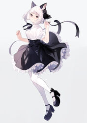  animal_ears black_footwear black_skirt blunt_bangs bob_cut brown_eyes cat_ears cat_girl cat_tail commentary female finger_ribbon frilled_skirt frills full_body grey_background high-waist_skirt high_heels looking_at_viewer neck_ribbon original pantyhose ribbon short_hair shugao simple_background skirt solo symbol-only_commentary tail white_hair white_pantyhose 