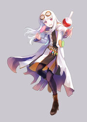  :d alternate_costume black_pantyhose boots brown_footwear candy coat commentary_request cosplay dress female fire_emblem fire_emblem:_three_houses fire_emblem_heroes flask food full_body goggles goggles_on_head grey_background halloween high_heel_boots high_heels highres holding holding_food l&#039;arachel_(fire_emblem) l&#039;arachel_(fire_emblem)_(cosplay) l&#039;arachel_(halloween)_(fire_emblem) lollipop long_hair lysithea_von_ordelia open_clothes open_coat open_mouth pantyhose pink_eyes round-bottom_flask simple_background smile solo swirl_lollipop tarayuki white_coat white_hair 