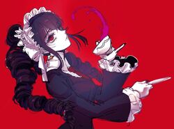  black_hair black_nails black_thighhighs bonnet breasts card celestia_ludenberg cup danganronpa:_trigger_happy_havoc danganronpa_(series) drill_hair female frilled_sleeves frills from_side gothic_lolita gwanlamcha holding jacket jewelry lolita_fashion long_hair long_sleeves looking_at_viewer nail_polish necktie red_background red_eyes red_necktie simple_background smile solo thighhighs twin_drills twintails upper_body 