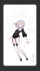  1other androgynous black_footwear black_necktie bob_cut border commentary crystal_hair diamond_(houseki_no_kuni) floating frills full_body garter_straps glint glowing glowing_hair gwayo highres houseki_no_kuni korean_text long_sleeves looking_at_viewer multicolored_hair necktie other_focus puffy_long_sleeves puffy_sleeves rainbow rainbow_hair rounded_corners shoes short_hair short_jumpsuit simple_background smile solo spade_(shape) sparkle thighhighs white_background white_thighhighs 