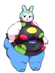  animal_crossing anthro barefoot belly big_belly big_breasts blonde_hair breasts clothed clothing eyeshadow fapolantern fat_arms feet female francine_(animal_crossing) full-length_portrait fur hair half-closed_eyes hand_on_hip huge_thighs lagomorph leporid makeup mammal narrowed_eyes navel_outline nintendo obese obese_anthro obese_female overweight overweight_anthro overweight_female portrait rabbit simple_background smile solo source_request spots standing thick_thighs white_background white_body white_fur wide_hips 