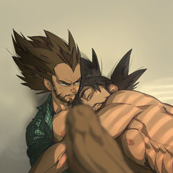  2boys abs afterglow alternate_facial_hair bara beard clothed_male_nude_male commentary_request couple dark-skinned_male dark_skin dragon_ball dragon_ball_z facial_hair feet_out_of_frame frown large_pectorals looking_to_the_side male_focus mature_male moustache multiple_boys muscular muscular_male nipples nude open_clothes open_shirt pectorals receding_hairline short_hair sideburns son_goku supobi vegeta window_shadow yaoi 