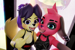  3:2 3d_(artwork) absurd_res accessory animal_crossing anthro arm_support black_ears blender_(artwork) blender_cycles bracelet canid canine canis cherry_(animal_crossing) cherry_(highwizard) clothing collar digital_media_(artwork) domestic_dog duo ear_piercing ear_ring eyeliner eyeshadow female fever-dreamer flipping_viewer_off floppy_ears fur gesture gothabelle green_eyes hair hair_accessory hand_gesture hi_res highlights_(coloring) inside isabelle_(animal_crossing) isabelle_(highwizard) jewelry looking_at_viewer makeup mammal middle_finger mohawk multicolored_body multicolored_fur nintendo piercing ponytail purple_eyes purple_hair red_body red_fur ribbons ring_piercing selfie shih_tzu shirt smile smiling_at_viewer solo studded_bracelet studded_collar studded_jewelry studs tank_top tongue tongue_out topwear toy_dog two_tone_body two_tone_fur vest yellow_body yellow_fur 