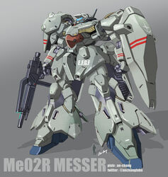  an-chang artist_name assault_visor beam_rifle character_name commentary_request earth_federation emblem energy_gun grey_background gun gundam gundam_hathaway&#039;s_flash holding holding_gun holding_shield holding_weapon mecha messer_(mobile_suit) mobile_suit robot roundel science_fiction shield silhouette size_comparison solo_focus standing weapon 