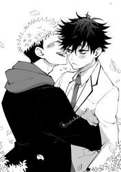  2boys blush closed_mouth commentary_request fushiguro_megumi greyscale hood hood_down hug itadori_yuuji jacket jujutsu_kaisen leaf long_sleeves male_focus monochrome multiple_boys necktie open_mouth pants school_uniform shirt short_hair smile spiked_hair twitter_username undercut yaoi youjo_(kurukuru9696) 