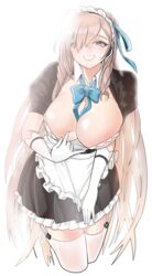  absurdres apron asuna_(blue_archive) blonde_hair blue_archive breasts cleavage cleavage_reach elflorri female gloves grin highres huge_breasts korean_commentary maid_headdress mole mole_on_breast smile solo thighhighs white_gloves white_thighhighs 