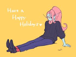  bottomwear clothing dessert doughnut eye_patch eyewear female fin fish food hair hi_res marine monster noaharbre pants pastry ponytail red_hair shows simple_background sitting solo sweater topwear undertale_(series) undyne yellow_background 