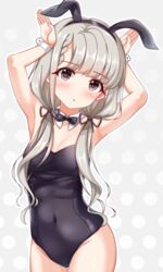  absurdres animal_ears armpits arms_up bare_legs bare_shoulders black_ribbon blush bow bowtie breasts brown_eyes covered_navel detached_collar fake_animal_ears female grey_hair hair_ribbon highres hisakawa_nagi idolmaster idolmaster_cinderella_girls leotard long_hair looking_at_viewer low_twintails naruse_nagi playboy_bunny rabbit_ears rabbit_pose ribbon simple_background solo strapless strapless_leotard twintails wrist_cuffs 