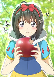  ? absurdres ahoge apple bad_id bad_pixiv_id black_hair blush bob_cut bow cosplay dress eating female food fruit hair_ornament hairbow highres holding holding_food holding_fruit itai_no_wa_iya_nano_de_bougyoryoku_ni_kyokufuri_shitai_to_omoimasu looking_at_viewer maple_(bofuri) puff_and_slash_sleeves puffy_sleeves short_hair short_sleeves smile snow_white_(disney) snow_white_(disney)_(cosplay) snow_white_and_the_seven_dwarfs solo tina_(pixiv37050289) 