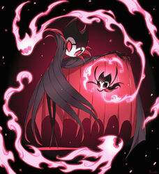  1boy 1other arizuka_(catacombe) bat_(animal) black_background bug cloak commentary_request embers fire full_body grey_cloak grimm_(hollow_knight) grimmchild highres hollow_knight looking_at_another looking_at_viewer open_cloak open_clothes outstretched_arm pink_fire red_cloak red_eyes signature standing steam vampire widow&#039;s_peak 