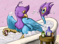  amarynceus avian avian_feet bathing beak bird blue_body bottle bubble bubble_bath container feather_preening feathered_crest feathered_wings feathers feral galliform green_eyes gryphon gyro_feather gyrotech head_crest hi_res male mythological_avian mythological_creature mythology peafowl personal_grooming phasianid pink_body quadruped tail tail_tuft tuft wings 