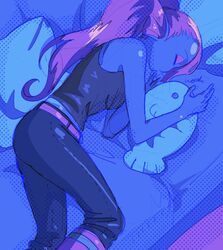  belt black_bottomwear black_clothing black_pants black_shirt black_tank_top black_topwear bottomwear clothing female fin fish hi_res lying marine monster noaharbre on_side one_eye_closed pants pillow shirt sleeping solo tank_top topwear undertale_(series) undyne 