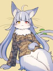  2023 3:4 5_fingers :&lt; ahoge anthro arm_support biped blue_body blue_ears blue_fur blue_hair blue_inner_ear blue_tail bottomless bottomless_anthro bottomless_female bottomwear breasts brown_clothing brown_shirt brown_topwear camo camo_bottomwear camo_clothing camo_print camo_topwear cheek_tuft claws clothed clothing colored countershade_face countershade_fur countershade_legs countershade_neck countershading digital_drawing_(artwork) digital_media_(artwork) domestic_cat eyelashes facial_tuft featureless_crotch felid feline felis female finger_claws fingers fluffy forked_tail front_view fur hair heterochromia hi_res hip_tuft humanoid_hands inner_ear_fluff japan_air_self-defense_force kemono long_hair looking_at_viewer male_(lore) mammal miromari monotone_hair monotone_tail multicolored_body multicolored_fur neck_tuft omaneko_(jasdf) pattern_bottomwear pattern_clothing pattern_topwear pink_eyes pockets portrait pupils shaded shirt shirt_pocket sitting slit_pupils small_breasts solo tail three-quarter_portrait topwear tuft two_tone_body two_tone_fur unusual_anatomy unusual_tail whiskers white_body white_countershading white_fur white_inner_ear_fluff wide_hips yellow_eyes 