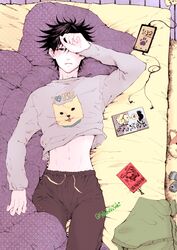  1boy black_hair blush cellphone closed_mouth clothes_lift commentary_request earphones fushiguro_megumi hand_up highres indoors jujutsu_kaisen long_sleeves lying male_focus navel on_back pants phone short_hair smartphone solo spiked_hair twitter_username youjo_(kurukuru9696) 