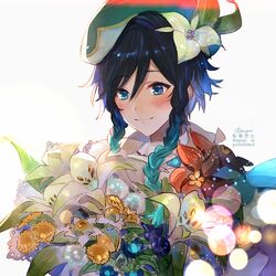  1boy androgynous beret black_hair blue_flower blue_hair blush bouquet braid cecilia_flower_(genshin_impact) closed_mouth collared_cape flower genshin_impact gradient_hair green_eyes green_hat hair_flower hair_ornament hat leaf male_focus multicolored_hair red_flower rowya shirt short_hair_with_long_locks simple_background smile solo sweet_flower twin_braids venti_(genshin_impact) white_background white_flower white_shirt windwheel_aster_(genshin_impact) yellow_flower 