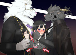  anthro blue_eyes blush bovid caprine clothed clothing coat demon ear_piercing eyewear felid female female_protagonist_(tas) fully_clothed fur glasses gloves goat green_eyes grey_body grey_fur group hair handwear hi_res horn hug human larger_anthro lifewonders lion long_hair male mammal manzanaringopai mephistopheles_(tas) necktie pantherine piercing pink_nose protagonist_(tas) salomonkun shirt simple_background size_difference smaller_anthro snow_(tas) stare tokyo_afterschool_summoners topwear white_body white_fur 