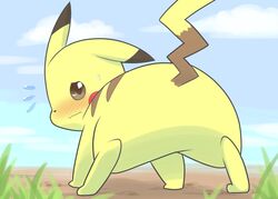  2019 all_fours ambiguous_gender ass black_nose blush bodily_fluids brown_eyes cloud dirt featureless_crotch feral fur generation_1_pokemon grass looking_back nintendo outside pikachu plant pokemon pokemon_(species) sky solo sweat sweatdrop wadorigi yellow_body yellow_fur 