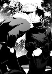  2boys back canine commentary_request fushiguro_megumi greyscale hand_in_pocket hood hood_down hoodie itadori_yuuji jacket jujutsu_kaisen kissing long_sleeves male_focus monochrome multiple_boys outdoors pants school_uniform short_hair sitting spiked_hair twitter_username undercut yaoi youjo_(kurukuru9696) 