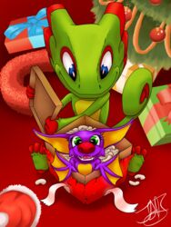  absurd_res anthro bat big_head big_nose chameleon christmas christmas_clothing christmas_headwear christmas_present christmas_tree clothing duo featureless_chest female gift hat headgear headwear hi_res holidays inside laylee lizard male mammal megabat plant playtonic_games reptile santa_hat scalie toony tree turkojar unwrapping yooka yooka-laylee 