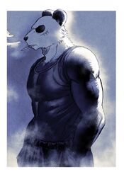  1boy abs animal_ears bara beastars cigarette commentary furry furry_male gouhin halftone halftone_texture highres male_focus muscular muscular_male panda_boy panda_ears pectorals profile scar scar_on_cheek scar_on_face siratan smoking symbol-only_commentary tank_top 