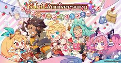  &gt;_&lt; 2girls 3boys ahoge animal_ears aqua_bow aqua_hair basket bell blue_eyes blush bow brown_eyes brown_hair chibi cleo_(dragalia_lost) cream dark-skinned_male dark_skin dragalia_lost egg elisanne euden fairy fairy_wings flour food fruit holding holding_basket holding_egg holding_food holding_fruit holding_whisk long_hair long_sleeves looking_at_another looking_at_viewer luca_(dragalia_lost) maid_headdress measuring_cup mixing mixing_bowl multiple_boys multiple_girls notte_(dragalia_lost) oerba_yun_fang official_art open_mouth pastry_bag pink_eyes pink_hair rabbit_ears ranzal_(dragalia_lost) red_eyes short_hair side_ponytail smile strawberry twintails whisk whisking wings 