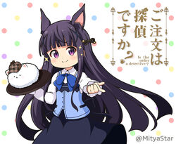  animal_ear_fluff animal_ears black_skirt blue_vest blunt_bangs blush brown_headwear closed_mouth collared_shirt commentary_request cosplay crossover deerstalker dog_ears dog_girl extra_ears female hair_ornament hat holding holding_tray kafuu_chino kafuu_chino_(cosplay) kasumi_(princess_connect!) long_hair long_sleeves looking_at_viewer minase_inori mitya plaid_headwear pointing pointing_at_viewer princess_connect! purple_eyes purple_hair rabbit_house_uniform shirt skirt smile sparkle tippy_(gochiusa) tray twitter_username uniform unmoving_pattern very_long_hair vest voice_actor_connection white_background white_shirt x_hair_ornament 