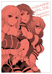  3girls animal_around_neck bangle bikini border bracelet braid breasts cape celia_alde choker cleavage closed_mouth commentary_request copyright_name detached_sleeves dress english_text fox french_braid fur-trimmed_cape fur_trim gertie_wie gypsy_(ragnarok_online) hair_between_eyes jewelry long_hair looking_at_viewer looking_to_the_side medium_breasts medium_hair multiple_girls navel parted_lips professor_(ragnarok_online) ragnarok_online red_theme revealing_clothes sequins short_shorts shorts sleeveless sleeveless_dress sptbird stalker_(ragnarok_online) strapless strapless_bikini striped_sleeves swimsuit trentini upper_body waist_cape white_background white_border 