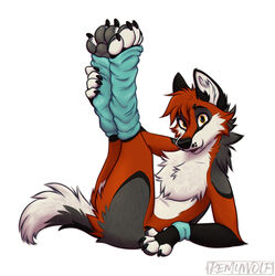  anthro black_nose canid canine canis chest_tuft claws clothing female fur grey_body grey_fur grey_pawpads leg_warmers leg_warmers_only legs_up legwear looking_at_viewer mammal orange_body orange_fur pawpads remy_(remywolf) remywolf solo tuft white_body white_fur wolf 