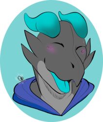  alpha_channel anthro blush bust_portrait closed_eyes clothing crowflyproductions grey_body happy hi_res hoodie horn kobold male open_mouth portrait reptile scalie scar side_b solo tongue topwear 