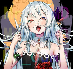  absurdres armlet bare_shoulders black_curtains black_dress black_ribbon building castle character_request chinese_commentary collar commentary_request corset cross curtains detached_collar dress fangs female flower food fork full_moon gem glasses grey_background hair_ribbon heart_(organ) highres holding holding_fork holding_knife jewelry knife lace-trimmed_dress lace_trim long_hair looking_at_viewer meat mole mole_under_eye moon mrojmd naughty_face necklace night open_mouth organs original red_corset red_eyes red_gemstone ribbon round_eyewear silhouette sleeveless sleeveless_dress solo teeth tongue tongue_out translated upper_body upper_teeth_only vampire virtual_youtuber watermark white_collar white_hair 