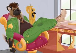  african_wild_dog anthro belly black_nose bottomwear brown_eyes brown_hair canid canine canis chains chair clothed clothing darius_davis dayillustrates detailed_background digital_media_(artwork) feet_up footwear frohawk fur furniture gold_(metal) gold_jewelry gun hair hi_res holding_gun holding_object holding_ranged_weapon holding_weapon inside jacket jewelry leaning leaning_backward looking_at_viewer male mammal multicolored_body multicolored_fur necklace open_mouth p90 pants ranged_weapon ring shirt shoes sitting slightly_chubby slightly_chubby_male solo submachine_gun supported_legs table topwear weapon window 