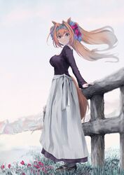  against_fence alternate_costume animal_ears apron black_dress bow breasts brown_eyes daiwa_scarlet_(umamusume) day dress female fence floating_hair flower from_side grass hair_intakes hairbow highres horse_ears horse_girl horse_tail large_breasts long_hair long_sleeves looking_at_viewer looking_to_the_side mountainous_horizon orange_hair outdoors parted_lips peropicnic pink_bow red_flower solo square_neckline tail tiara twintails umamusume very_long_hair waist_apron white_apron wooden_fence 