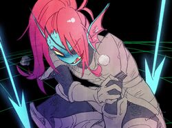  armor armored_boots eye_patch eyewear female fin fish glare hair hi_res holding_arm magic magic_weapon marine melee_weapon monster noaharbre polearm red_hair sharp_teeth solo spear teeth undertale_(series) undyne weapon 