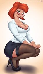  anthro big_breasts bottomwear breasts canid canine canis cleavage clothed clothing conditional_dnp crouching disney domestic_dog eyewear female footwear glasses goof_troop hi_res high_heels mammal mature_female nexcoyotlgt skirt solo sylvia_marpole 