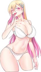  bad_neck blonde_hair boryeon_(last_origin) bra breasts cleavage elflorri female forked_tongue highres korean_commentary large_breasts last_origin multicolored_hair panties solo tongue two-tone_hair underwear underwear_only white_bra white_panties 