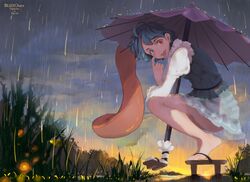  ahoge akanbe artist_name bare_legs blizzomos blue_eyes blue_hair blue_skirt blue_vest cloud cloudy_sky commentary english_commentary eyelid_pull female full_body geta grass heterochromia highres holding holding_umbrella juliet_sleeves karakasa_obake long_sleeves long_tongue looking_at_viewer looking_to_the_side nail_polish oil-paper_umbrella outdoors puffy_sleeves purple_umbrella rain red_eyes shirt short_hair skirt sky socks solo squatting tatara_kogasa tongue tongue_out touhou umbrella vest white_shirt white_socks wide-eyed 