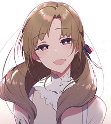  :d backlighting bare_shoulders blush braid brown_hair commentary_request female hair_ribbon head_tilt highres long_hair looking_at_viewer mature_female official_art oosuki_mamako open_mouth pochi_(pochi-goya) portrait purple_eyes ribbon simple_background smile solo tsuujou_kougeki_ga_zentai_kougeki_de_ni-kai_kougeki_no_okaasan_wa_suki_desu_ka? white_background 